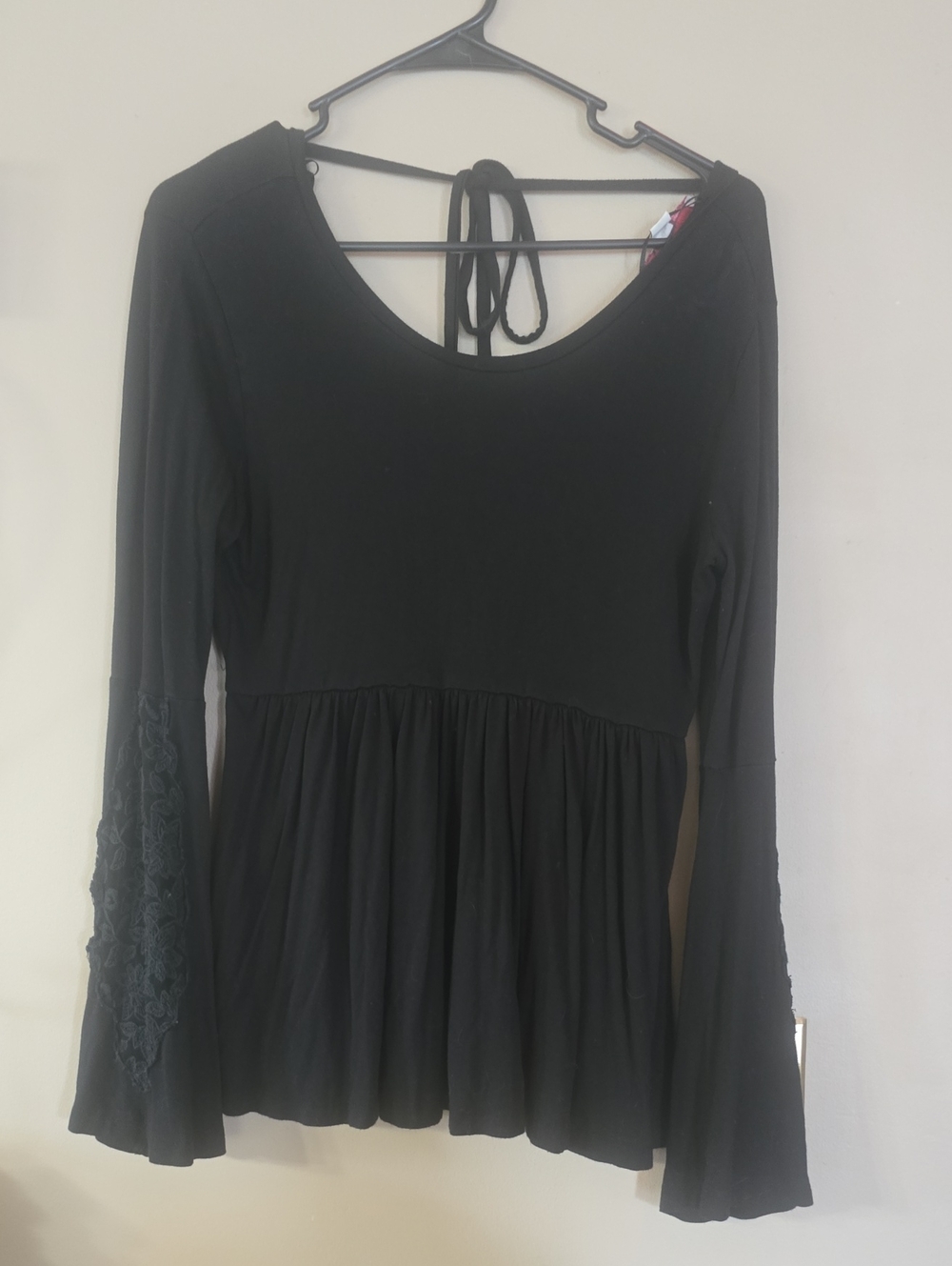 Adam Levine Collection Black Long-Sleeve Peplum Top with Lace Sleeves
